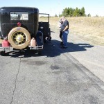 We lost some motor oil out the back of the engine as we climbed the steep grade. You can see the dribble marks behind the car. No problem, we are carrying extra everything.